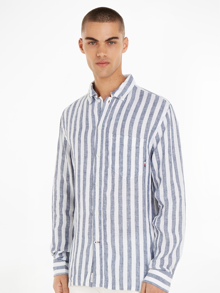 Tommy Hilfiger Grey Breton Stripe Linen Shirt - Image 1 of 6