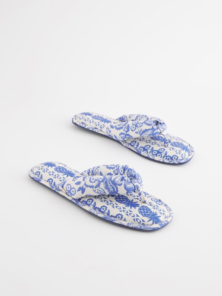 Blue Tropical Linen Blend Flip Flop Slippers - Image 2 of 6 Blue Tropical Linen Blend Flip Flop Slippers - Image 2 of 6