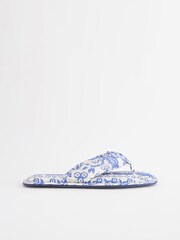 Blue Tropical Linen Blend Flip Flop Slippers - Image 3 of 6