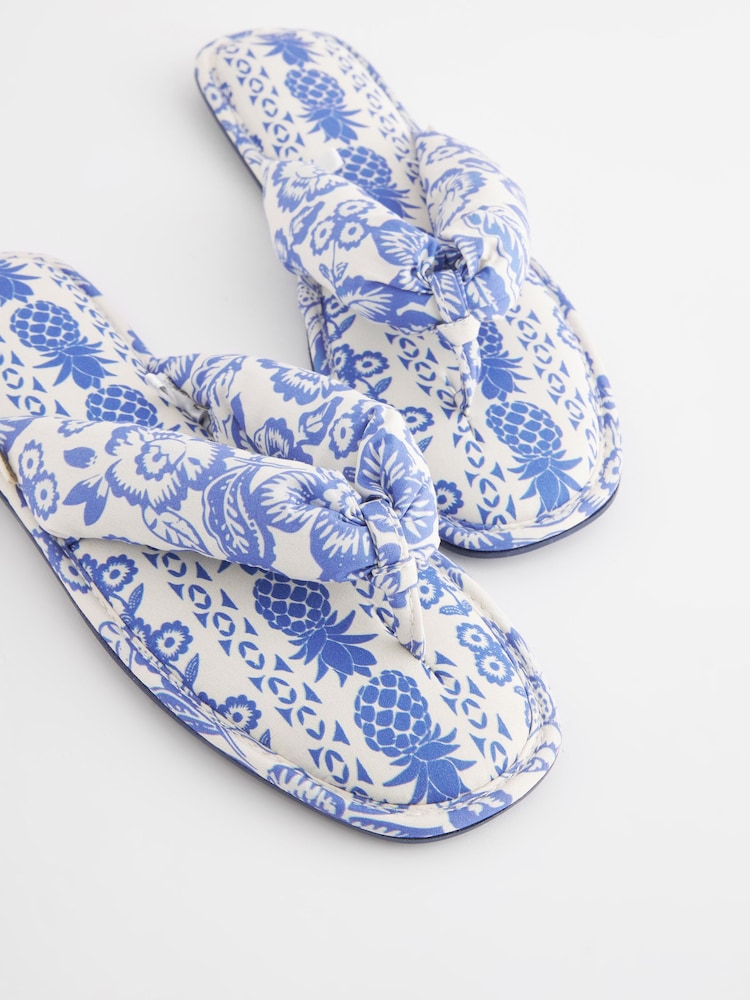 Blue Tropical Linen Blend Flip Flop Slippers - Image 6 of 6 Blue Tropical Linen Blend Flip Flop Slippers - Image 6 of 6