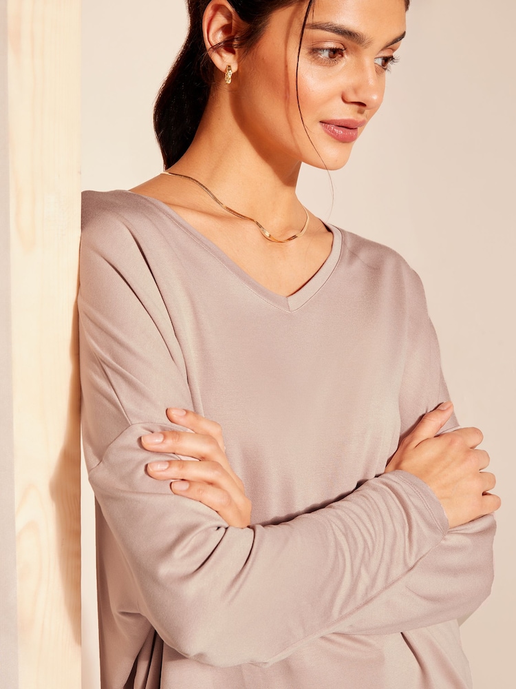 Friends Like These Mink Brown Long Sleeve V Neck Super Soft Jersey Tunic - Image 2 of 4 Friends Like These Mink Brown Long Sleeve V Neck Super Soft Jersey Tunic - Image 2 of 4