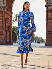 Sosandar Blue Conversational Belted Fit And Flare Dress - Image 1 of 5