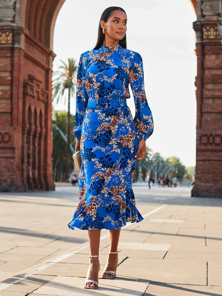 Sosandar Blue Conversational Belted Fit And Flare Dress - Image 1 of 5