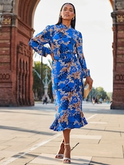 Sosandar Blue Conversational Belted Fit And Flare Dress - Image 3 of 5