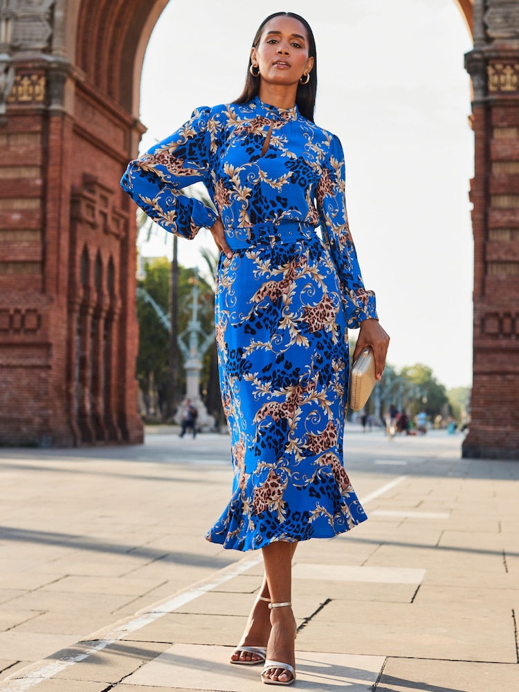 Sosandar Blue Conversational Belted Fit And Flare Dress - Image 3 of 5