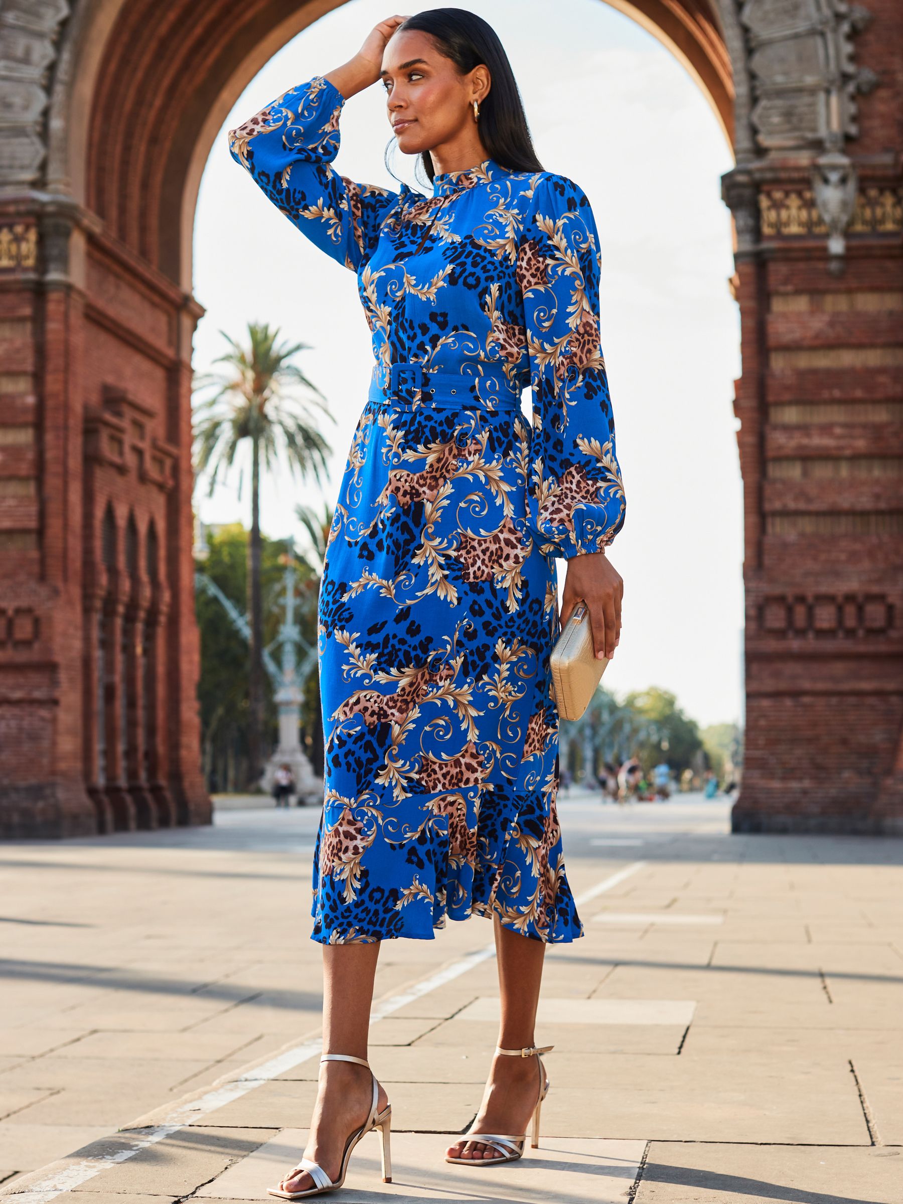 国内発送★Sosandar ベルト付きペンシルミディドレス Buy Sosandar Blue Conversational Belted Fit And Flare Dress