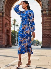 Sosandar Blue Conversational Belted Fit And Flare Dress - Image 4 of 5