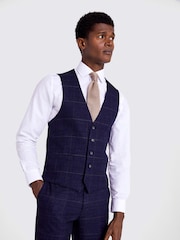 MOSS Navy Blue Slim Check Suit: Waistcoat - Image 1 of 5