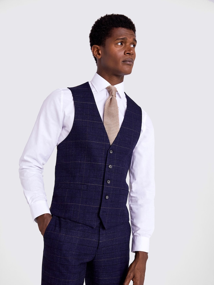 MOSS Navy Blue Slim Check Suit: Waistcoat - Image 1 of 5