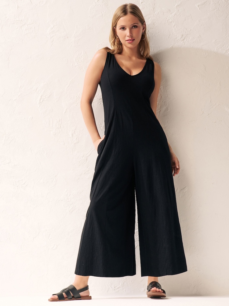 Black Cotton Rich Wide Leg Jersey Sleeveless Jumpsuit - Image 2 of 6