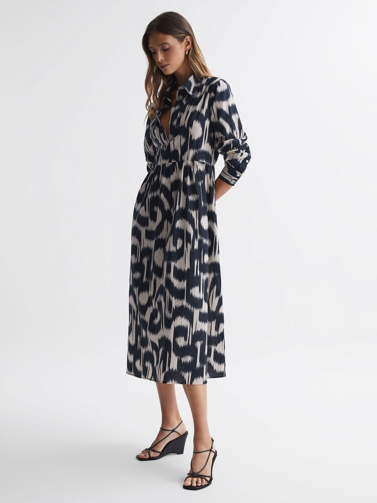 Reiss Black/Cream Cleo Printed Midi Dress - Image 1 of 5 Reiss Black/Cream Cleo Printed Midi Dress - Image 1 of 5