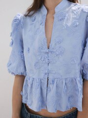 Mango Blue Embroidered Ruffle Blouse - Image 1 of 4