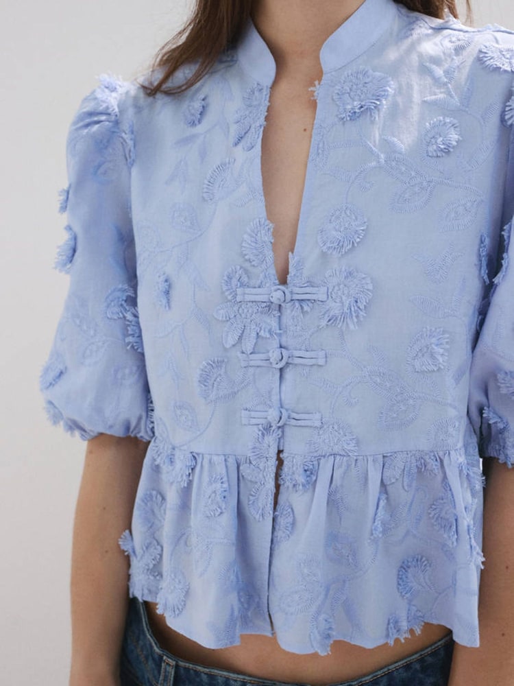 Mango Blue Embroidered Ruffle Blouse - Image 1 of 4 Mango Blue Embroidered Ruffle Blouse - Image 1 of 4