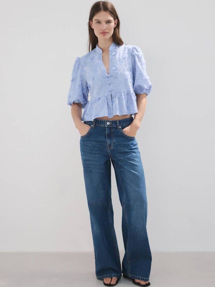 Mango Blue Embroidered Ruffle Blouse - Image 2 of 4 Mango Blue Embroidered Ruffle Blouse - Image 2 of 4