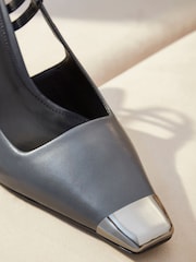Grey Premium Leather Metal Chisel Toe Slingback Heel Shoes - Image 5 of 6