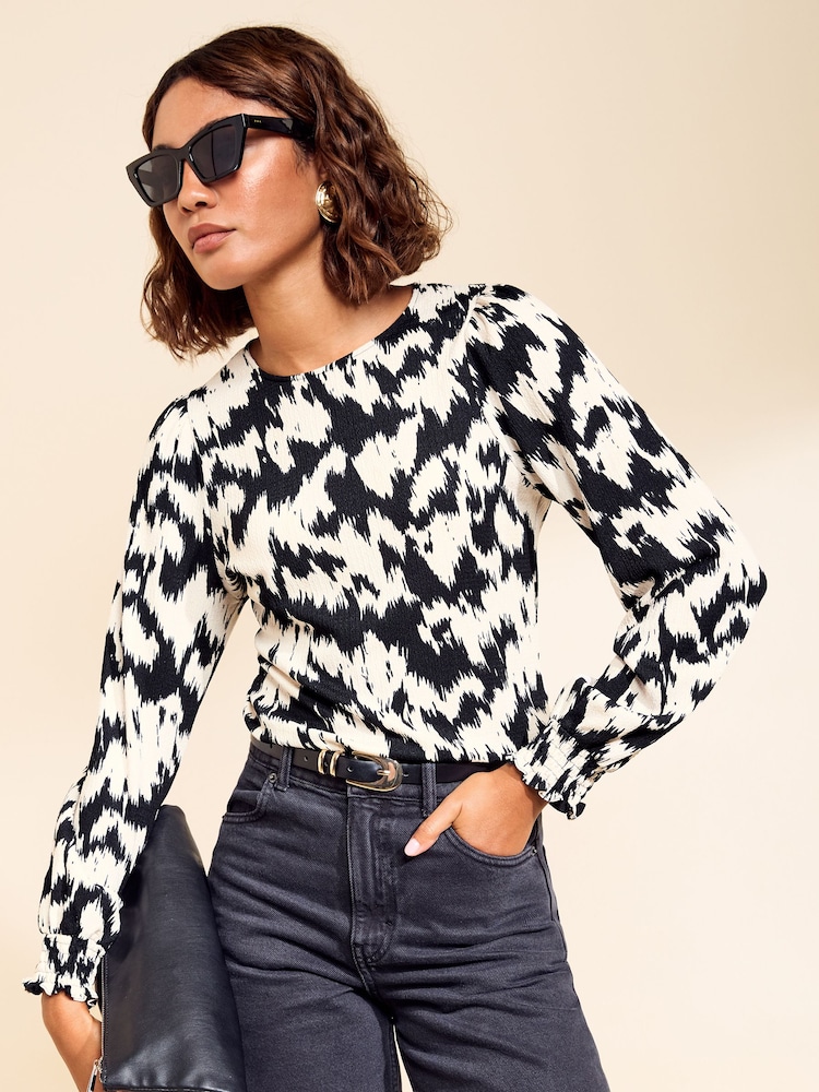 Friends Like These Black Print Shirred Cuff Top - Image 1 of 5