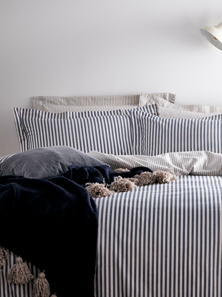 Yard Navy Blue Hebden Striped 100% Cotton Duvet Cover and Pillowcase Set - Image 1 of 3