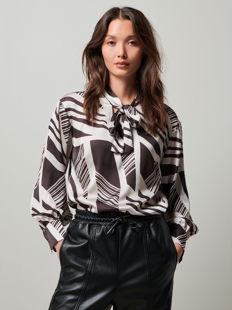 Monochrome Print Tie Neck Long Sleeve Blouse - Image 1 of 7