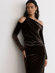 Reiss Olive Green Koda Velvet One-Shoulder Draped Midi Dress - Image 1 of 7