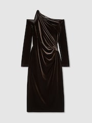 Reiss Olive Green Koda Velvet One-Shoulder Draped Midi Dress - Image 2 of 7