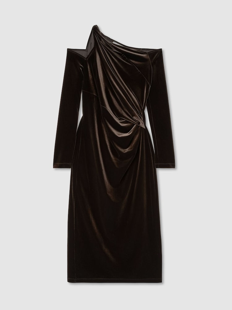 Reiss Olive Green Koda Velvet One-Shoulder Draped Midi Dress - Image 2 of 7 Reiss Olive Green Koda Velvet One-Shoulder Draped Midi Dress - Image 2 of 7