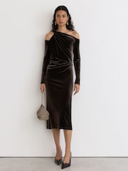 Reiss Olive Green Koda Velvet One-Shoulder Draped Midi Dress - Image 3 of 7