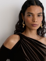 Reiss Olive Green Koda Velvet One-Shoulder Draped Midi Dress - Image 4 of 7