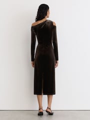 Reiss Olive Green Koda Velvet One-Shoulder Draped Midi Dress - Image 5 of 7