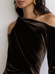 Reiss Olive Green Koda Velvet One-Shoulder Draped Midi Dress - Image 6 of 7