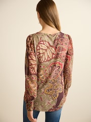 Pink Paisley Long Sleeve Crew Neck Cuff Blouse - Image 3 of 6