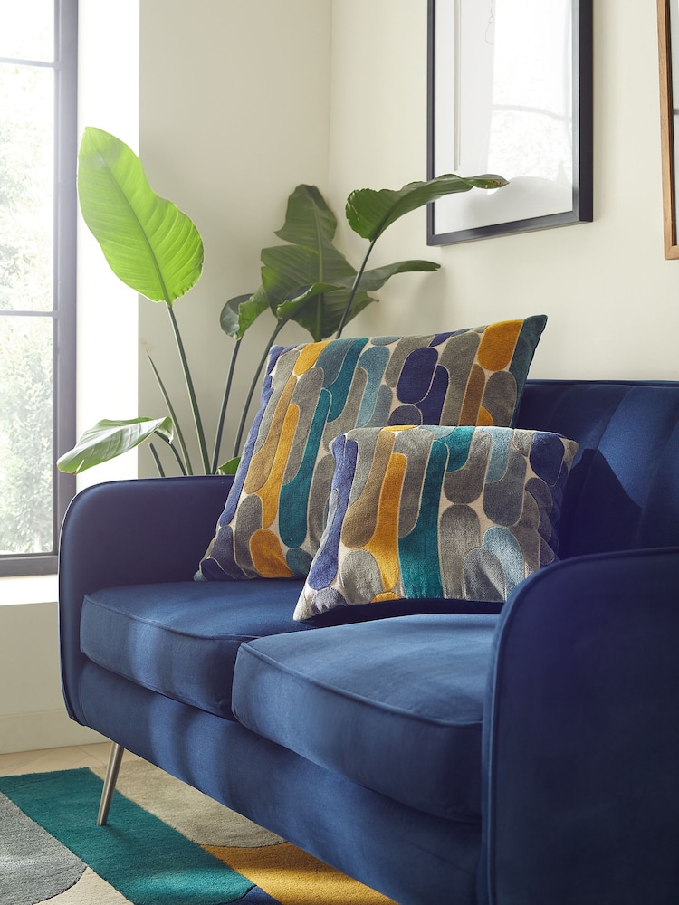 Navy Blue 59 x 59cm Retro Cut Velvet Cushion - Image 2 of 7
