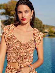 Braun mit Blumenmuster - Vorne geschnürte Bluse mit Puffärmeln - Bild 2 von 6