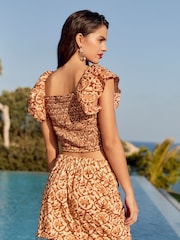 Braun mit Blumenmuster - Vorne geschnürte Bluse mit Puffärmeln - Bild 3 von 6