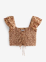Braun mit Blumenmuster - Vorne geschnürte Bluse mit Puffärmeln - Bild 6 von 6