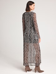 Brown Snake Print Long Sleeve Mesh Ruffle Maxi Dress - Image 3 of 6