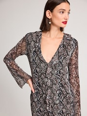 Brown Snake Print Long Sleeve Mesh Ruffle Maxi Dress - Image 4 of 6