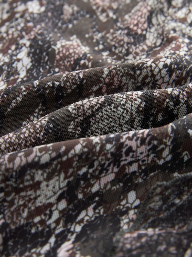 Brown Snake Print Long Sleeve Mesh Ruffle Maxi Dress - Image 6 of 6
