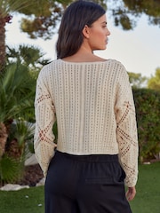 Cream 100% Cotton Long Sleeve Crochet Top - Image 3 of 7