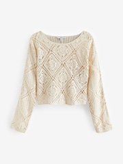 Cream 100% Cotton Long Sleeve Crochet Top - Image 6 of 7