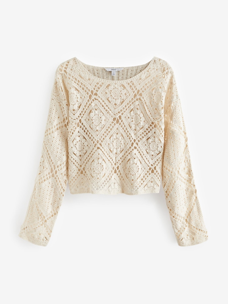 Cream 100% Cotton Long Sleeve Crochet Top - Image 6 of 7