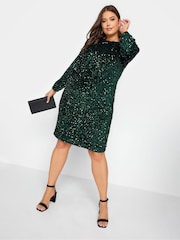 Yours Curve Green London Sequin Velvet Bellow Sleeve Shift Dress - Image 1 of 4
