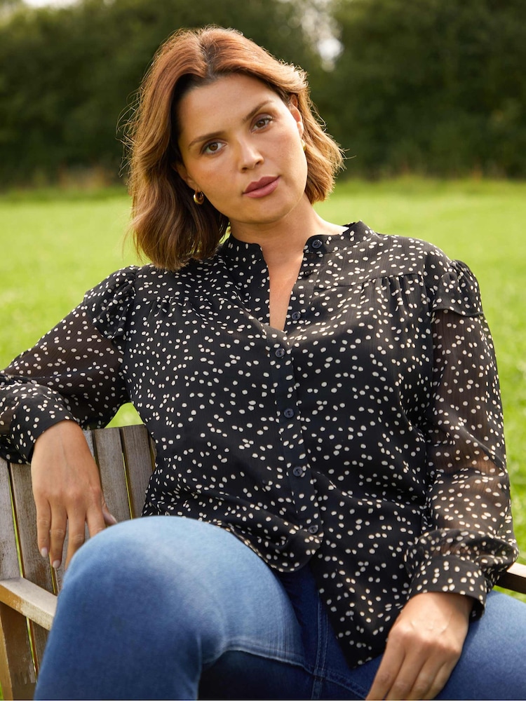 Live Unlimited Spot Ruffle Shoulder Black Blouse - Image 1 of 5