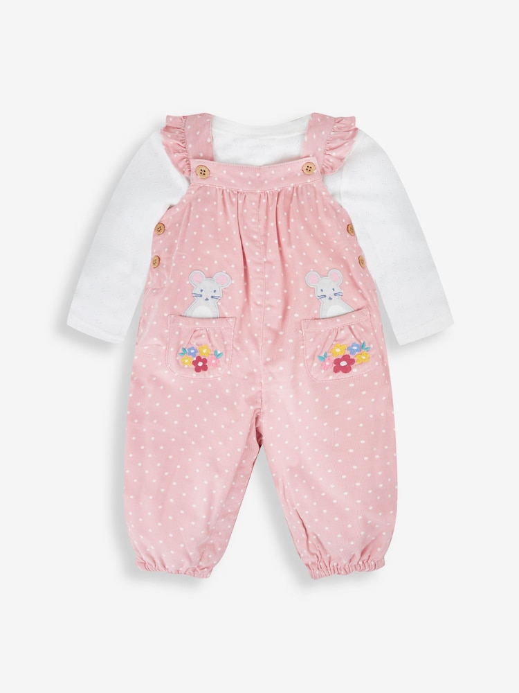 JoJo Maman Bébé Pink Mouse Appliqué Cord Dungarees & Top Set - Image 1 of 5