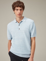 Blue Texture Linen Blend Knitted Polo Shirt - Image 1 of 7
