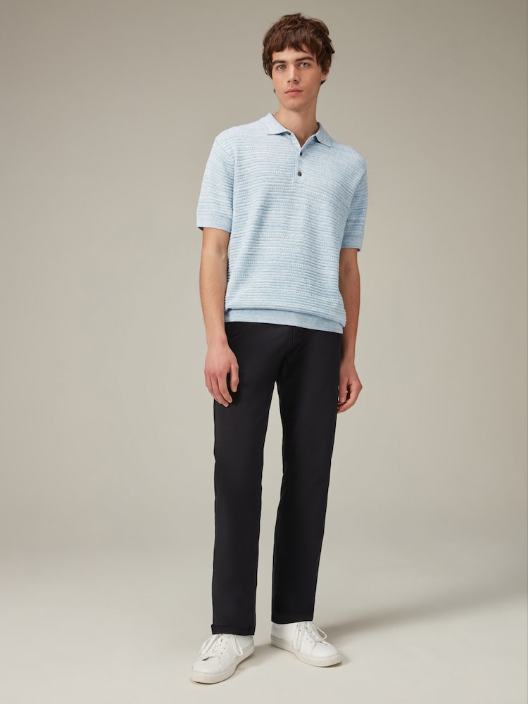 Blue Texture Linen Blend Knitted Polo Shirt - Image 2 of 7