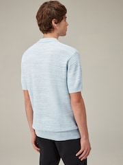 Blue Texture Linen Blend Knitted Polo Shirt - Image 3 of 7