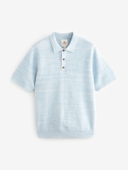 Blue Texture Linen Blend Knitted Polo Shirt - Image 5 of 7