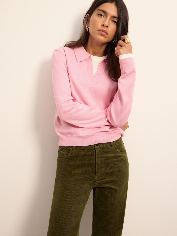 BHOEM Pink Fine Knit Polo Jumper with Jersey Contrasted Layer - Image 1 of 4