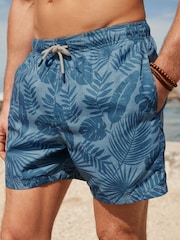 Light Blue Textured Leaf Regular Fit Printed Swim Shorts - Image 1 of 12