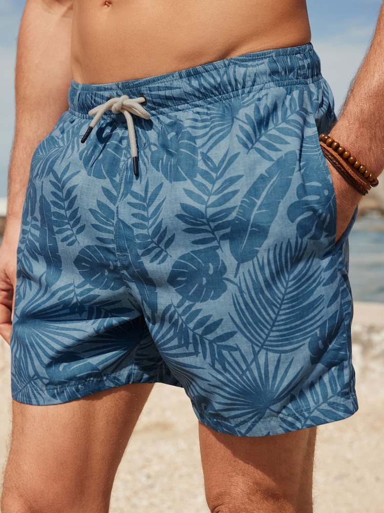 Light Blue Textured Leaf Regular Fit Printed Swim Shorts - Image 1 of 12
